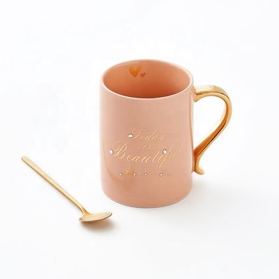 quality Custom 400ml Pink Gift Milk Porcelain Cup Reusable Coffee Ceramic Mug With Spoon As Gift Set factory